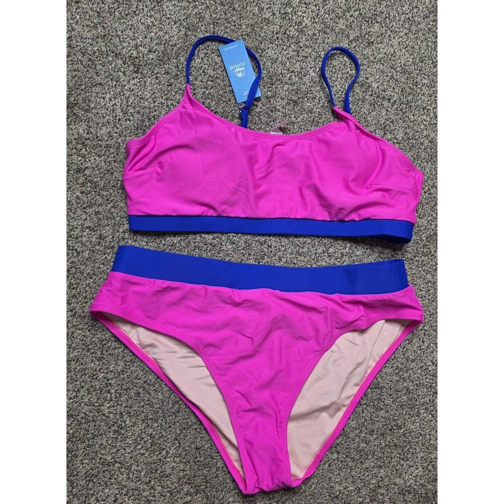 NWT Cupshe Two Piece Swimsuit Size XL Hot Pink Blue Bikini Activewear Pool Beach